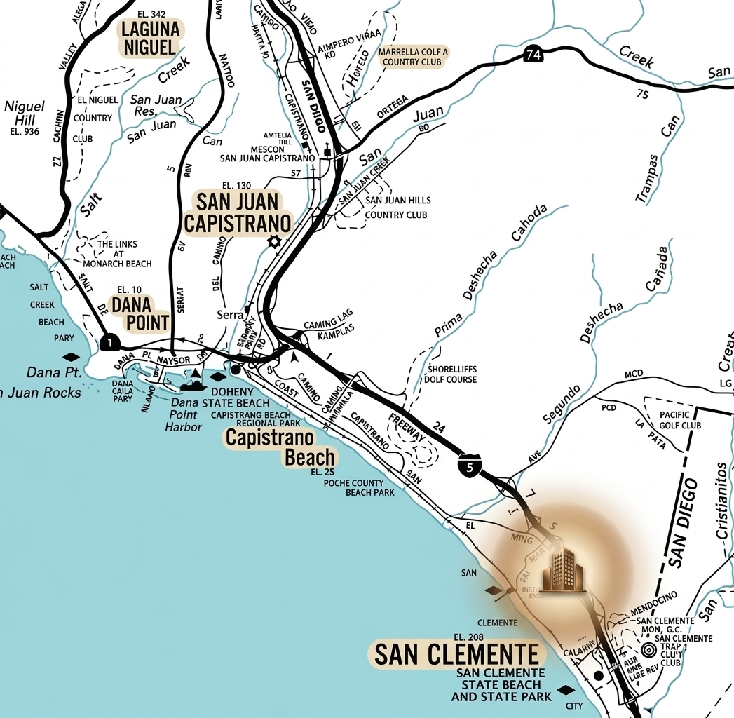 Map showing location of the Law Office of Rex Alan Lowe in San Clemente, California